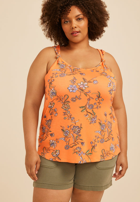 Plus Size Floral Knot Strap Tank Top