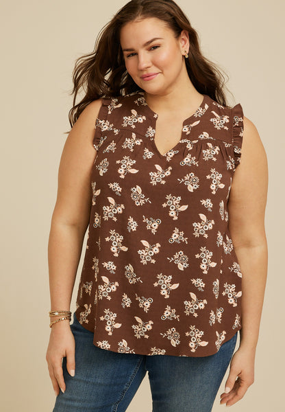 Plus Size Floral Notched Neck Ruffle Tank Top