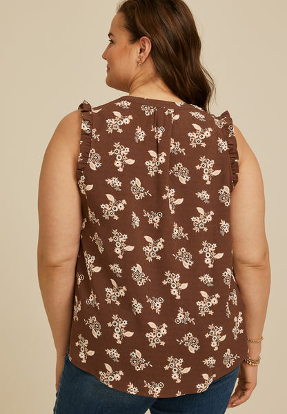 Plus Size Floral Notched Neck Ruffle Tank Top