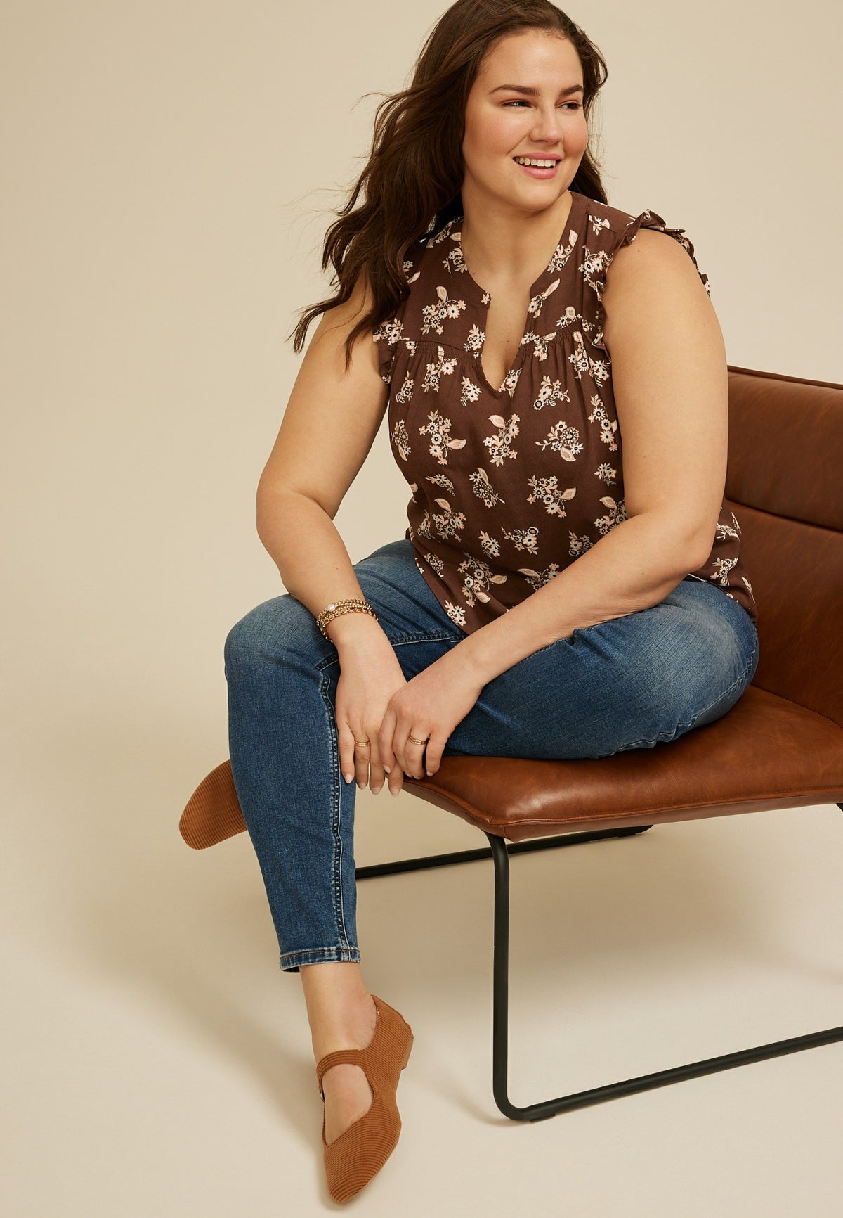 Plus Size Floral Notched Neck Ruffle Tank Top