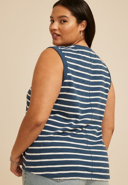 Plus Size Striped High Neck Roll Sleeve Tank Top