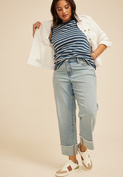 Plus Size Striped High Neck Roll Sleeve Tank Top