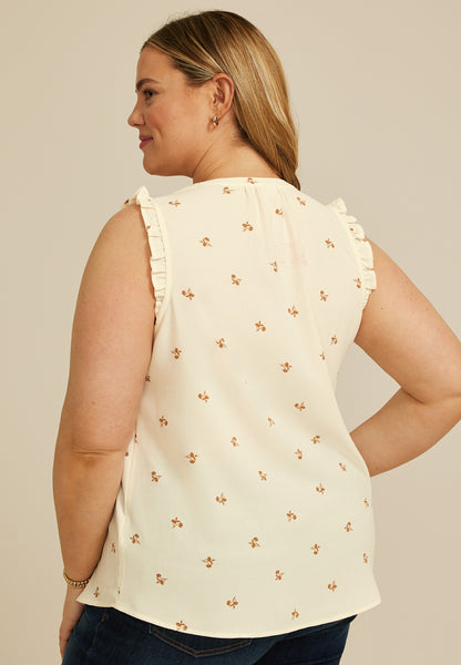 Plus Size Floral Notched Neck Ruffle Tank Top