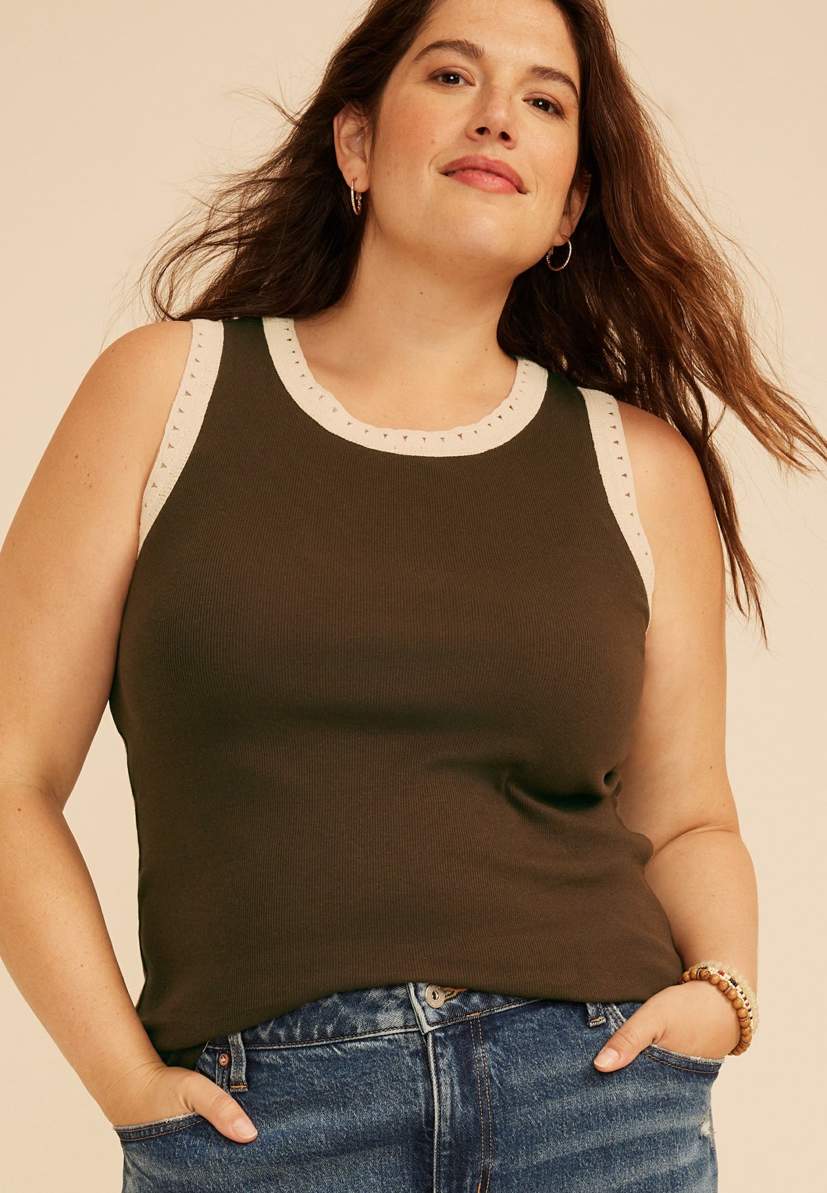 Plus Size Crochet Trim Rib Knit Tank Top