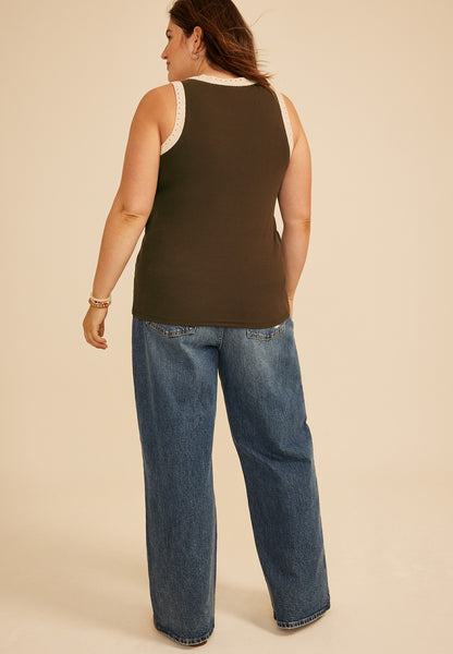 Plus Size Crochet Trim Rib Knit Tank Top