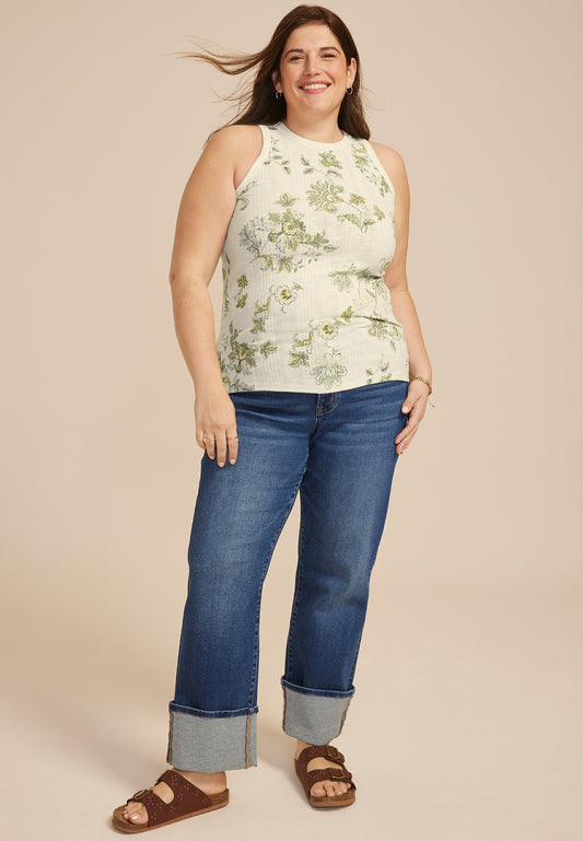 Plus Size 24/7 Variegated Floral Ribbed Highline Tank Top