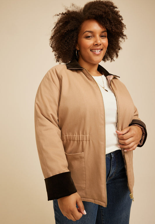 Plus Size Reversible Plaid Quilted Barn Jacket
