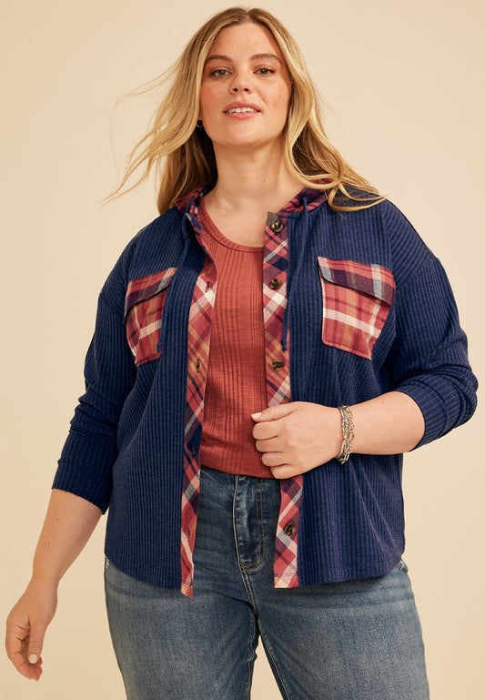 Plus Size Plaid Hood Waffle Knit Shacket