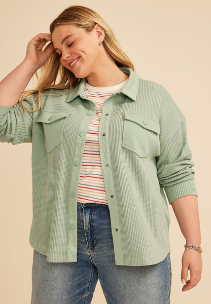 Plus Size Waffle Snap Button Shacket