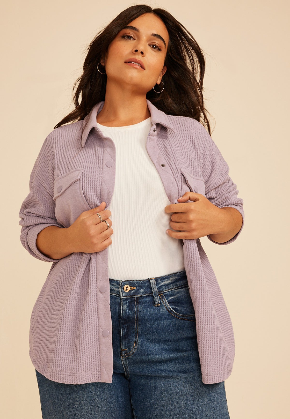 Plus Size Waffle Snap Button Shacket