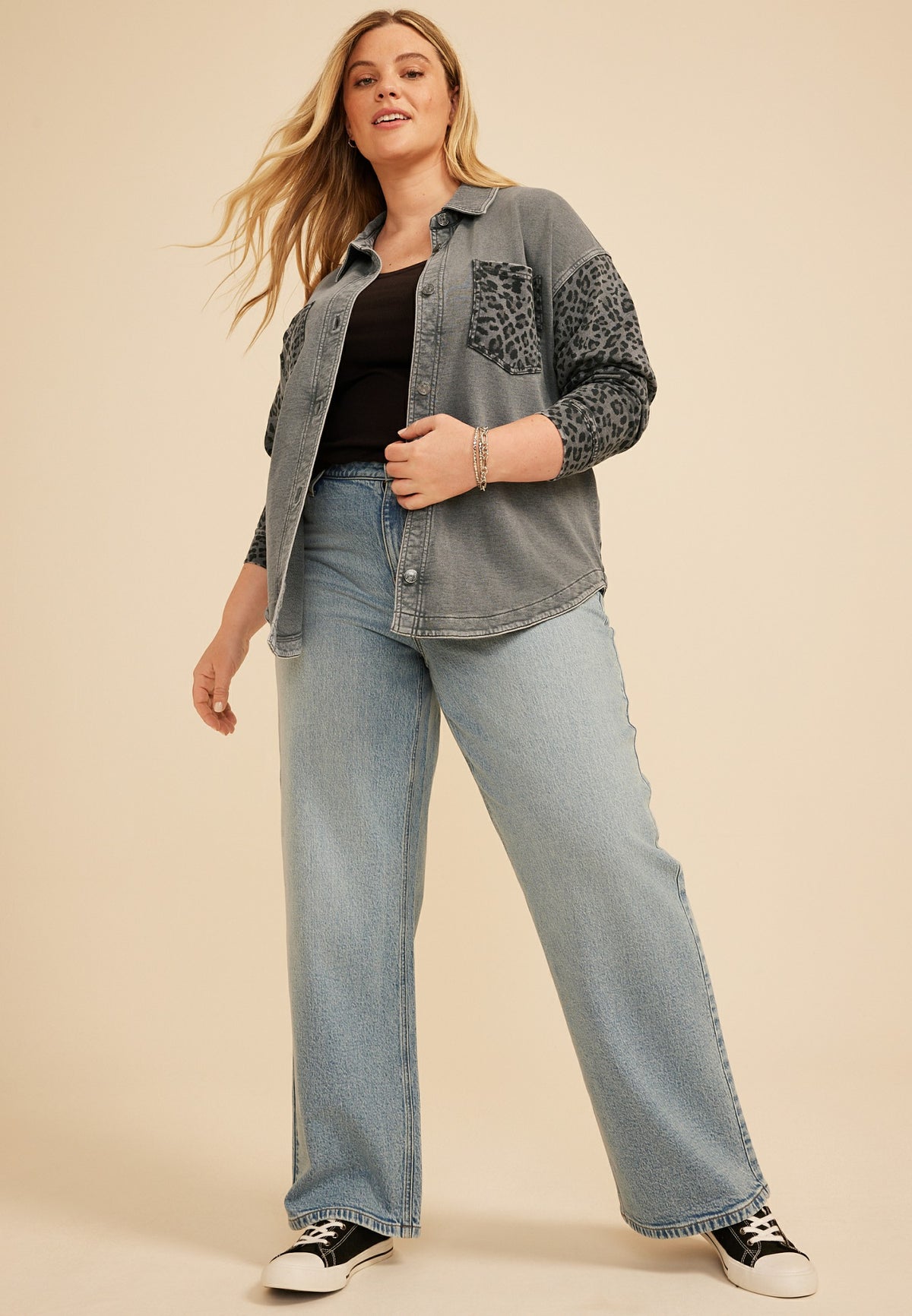Plus Size Leopard Washed Oversized Shacket