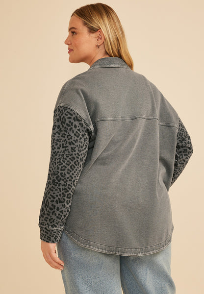 Plus Size Leopard Washed Oversized Shacket