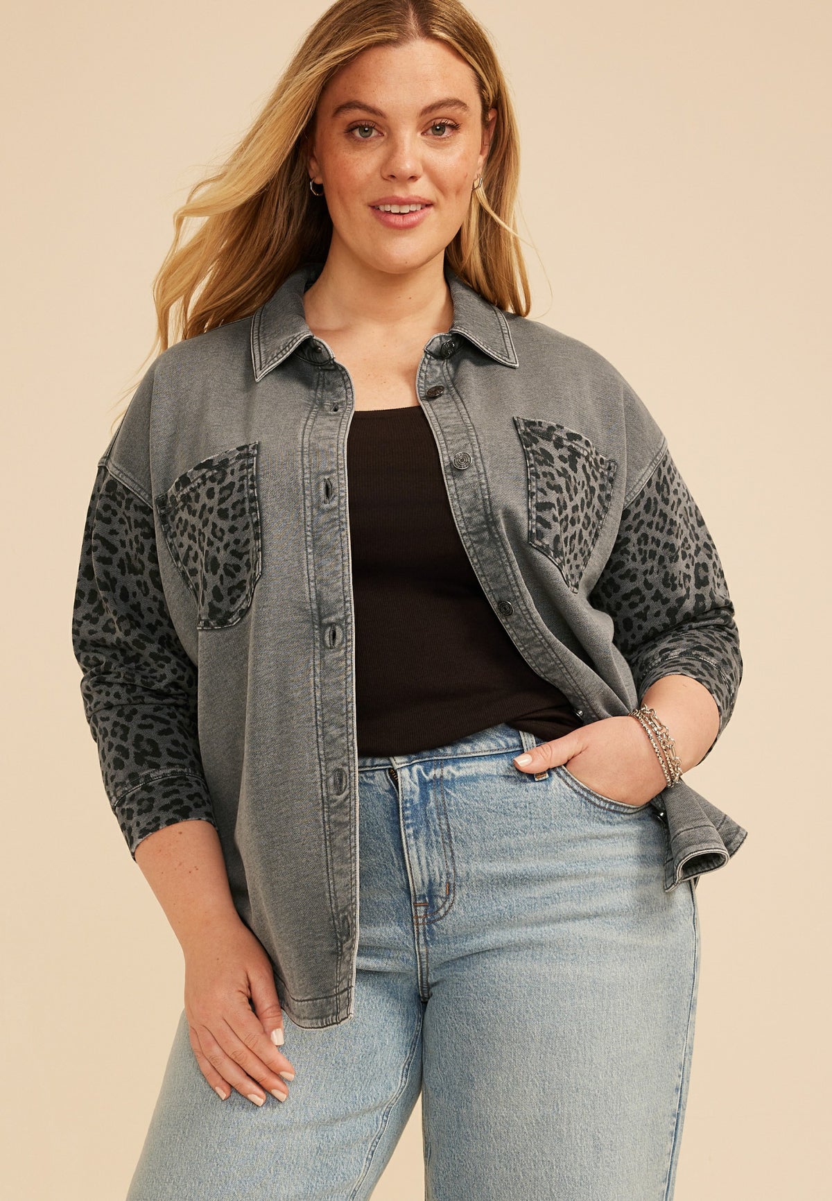 Plus Size Leopard Washed Oversized Shacket