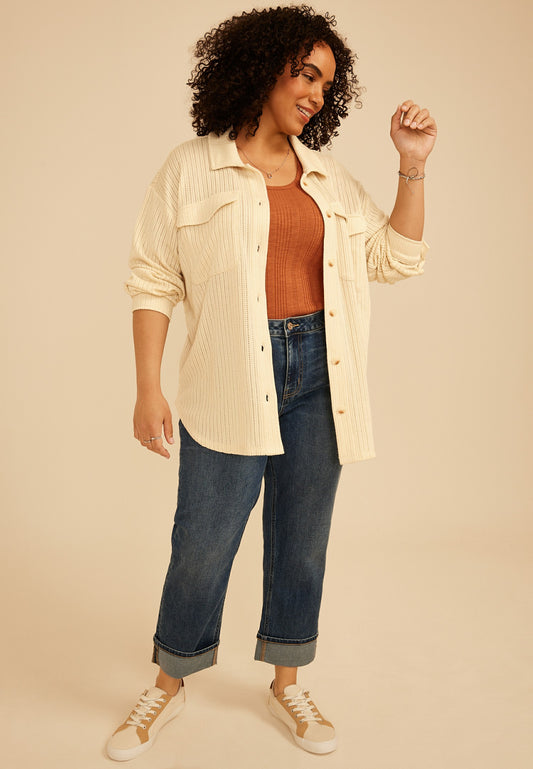 Plus Size Open Stitch Button Front Shacket