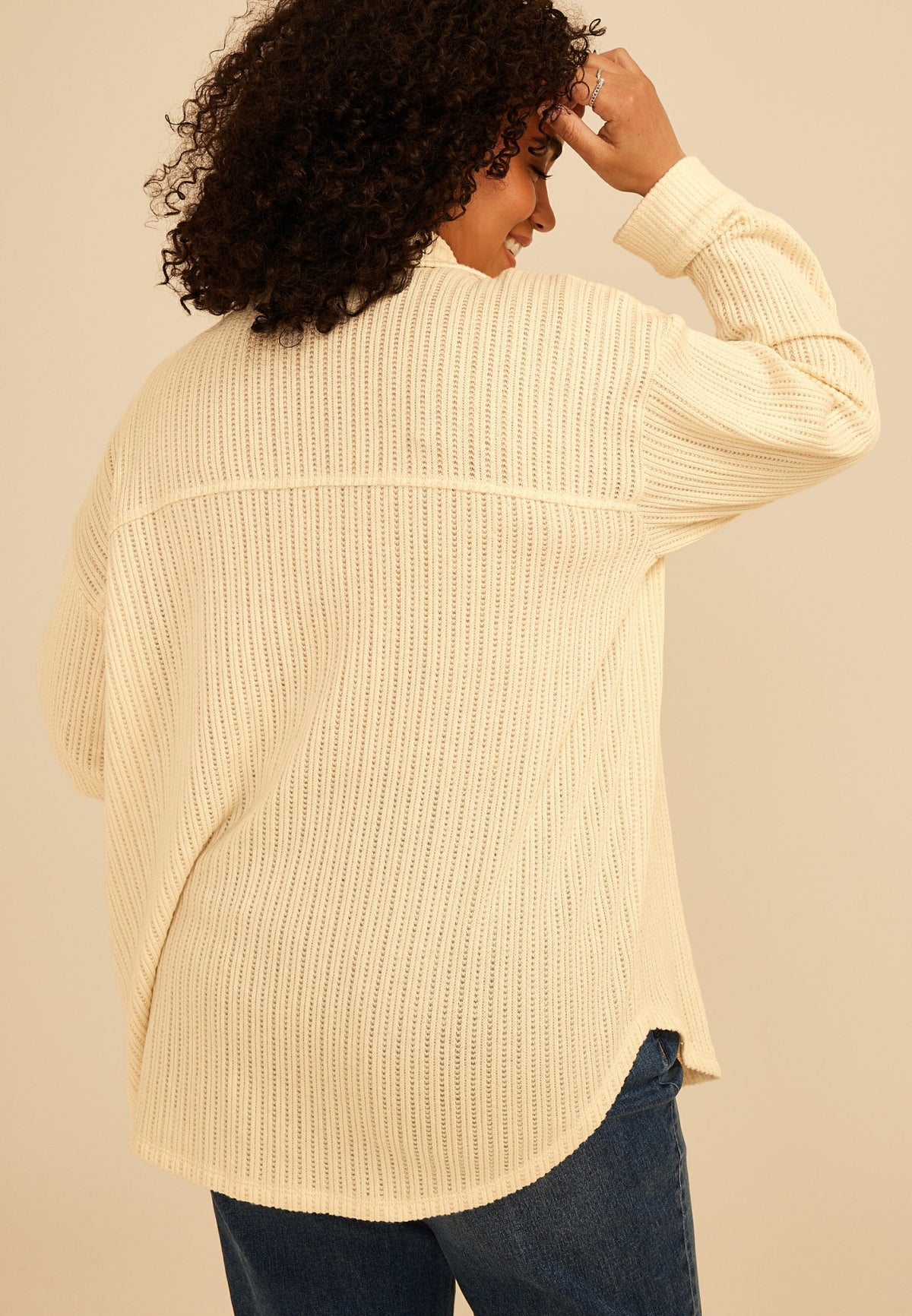 Plus Size Open Stitch Button Front Shacket
