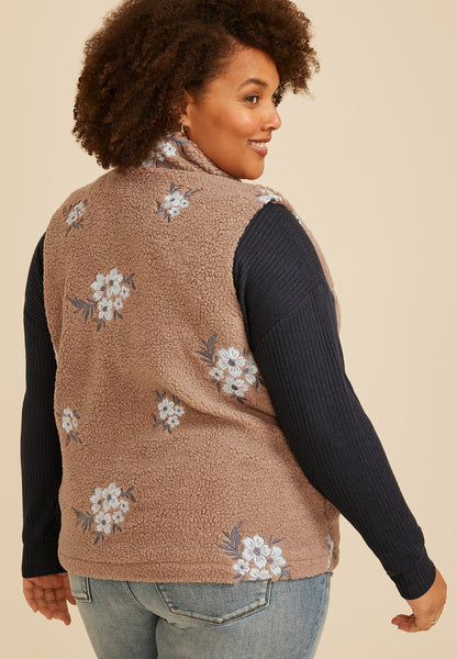 Plus Size Floral Embroidered Sherpa Vest