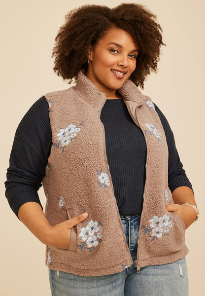 Plus Size Floral Embroidered Sherpa Vest