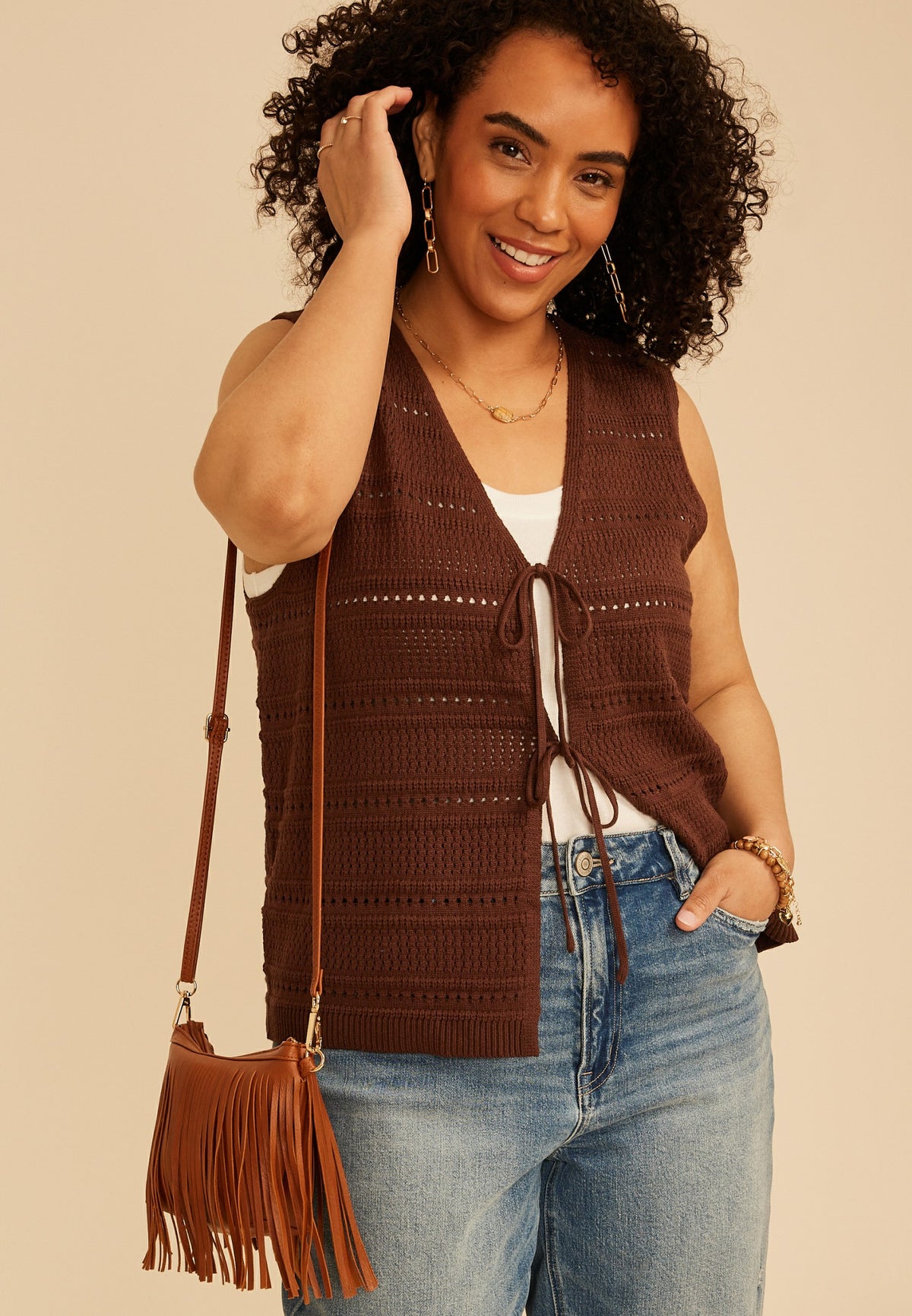 Plus Size Textured Stripe Tie Front Vest