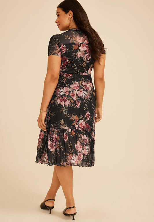 Plus Size Printed Mesh Mock Neck Midi Dress