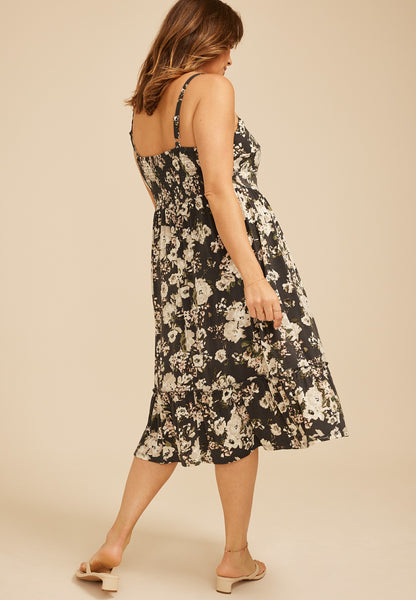 Plus Size Bare V Neck Knot Front Floral Midi Dres