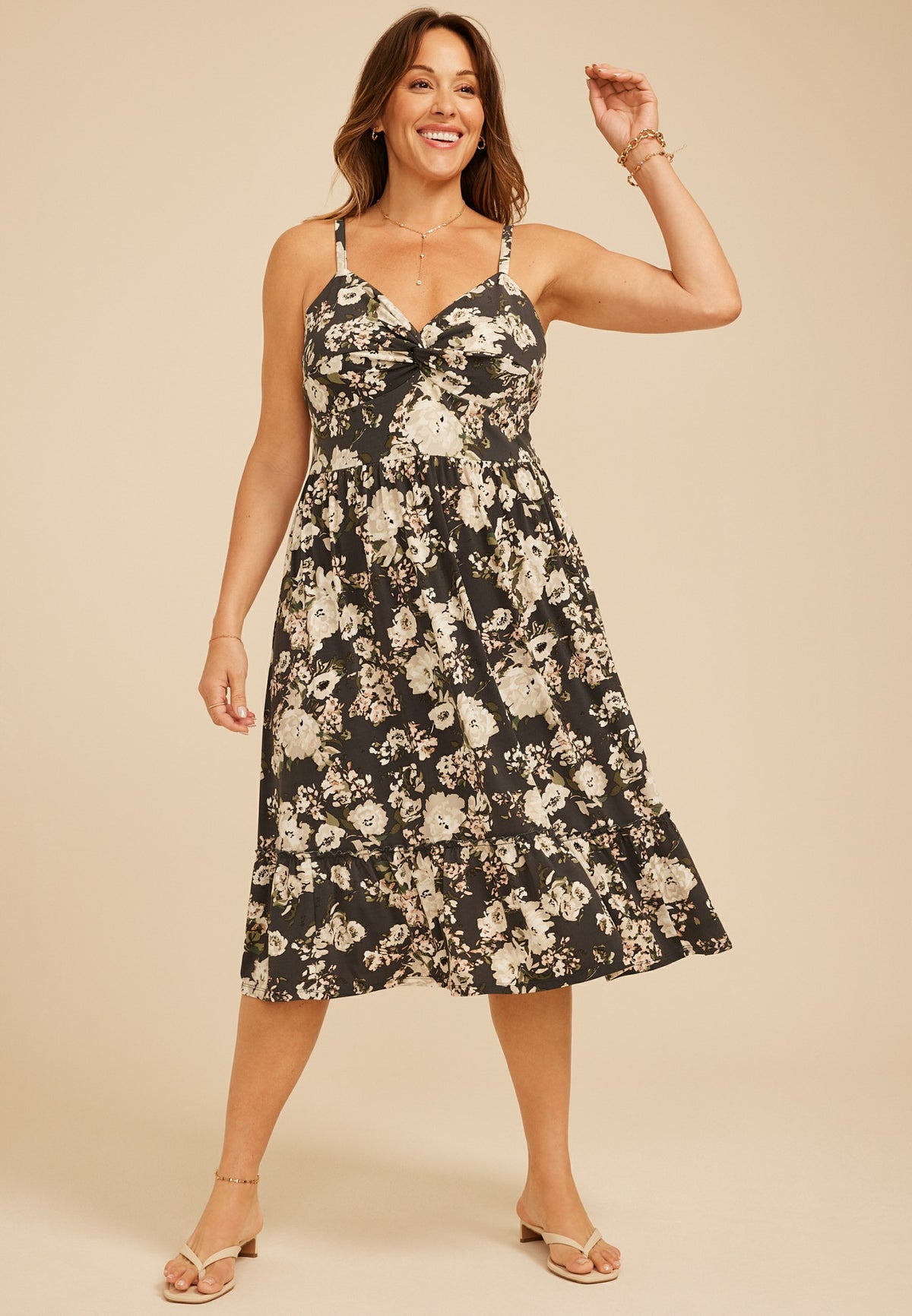 Plus Size Bare V Neck Knot Front Floral Midi Dres