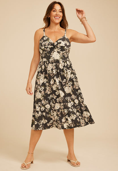 Plus Size Bare V Neck Knot Front Floral Midi Dres