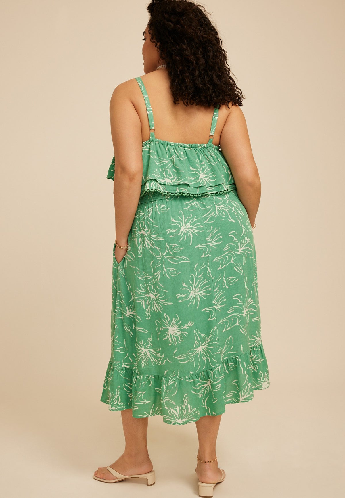 Plus Size Bare Floral Print Tiered Midi Dress