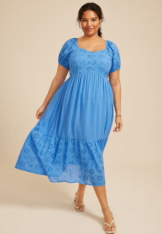 Plus Size Bare Mixed Fabric Puff Sleeve Midi Dress