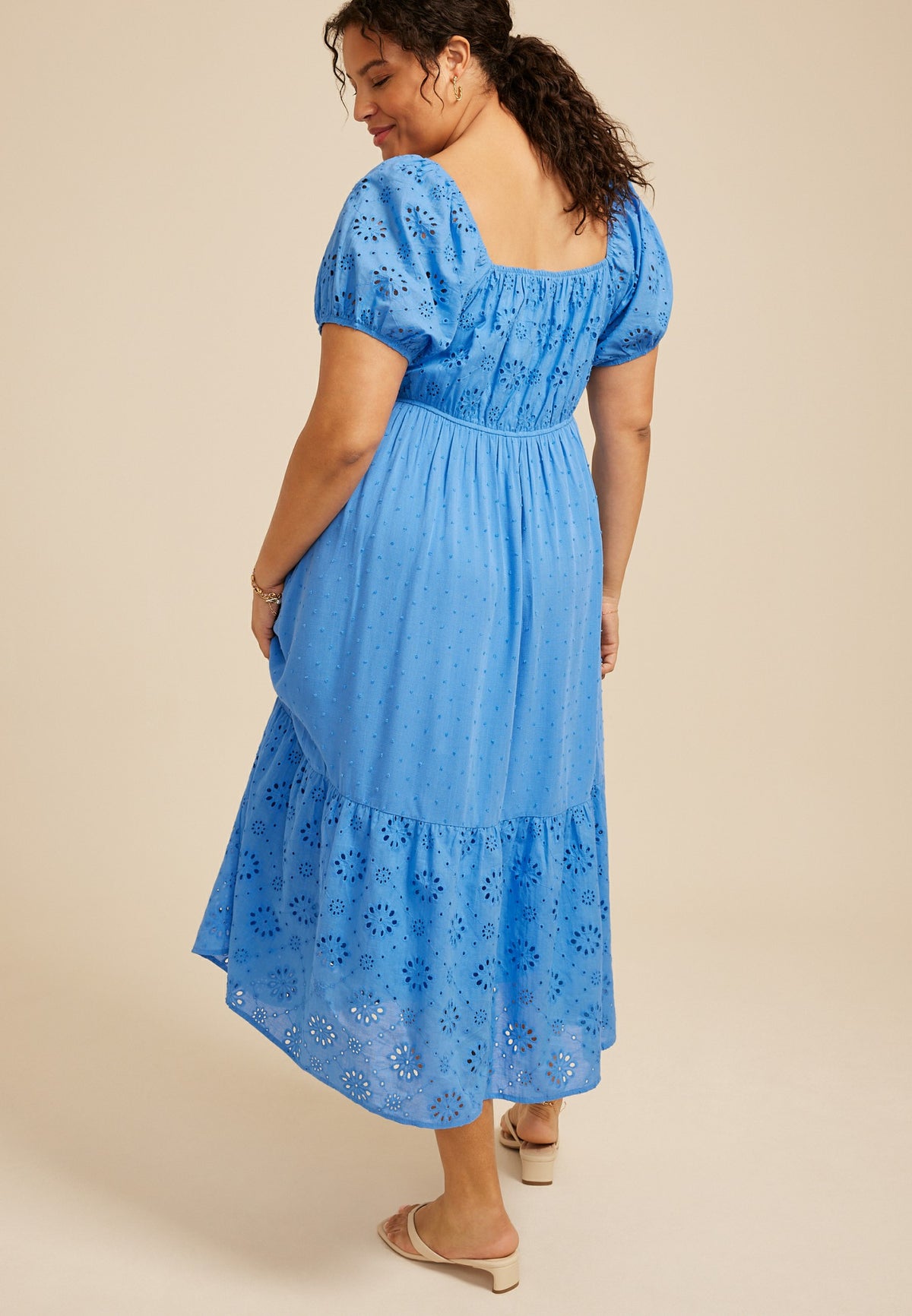 Plus Size Bare Mixed Fabric Puff Sleeve Midi Dress