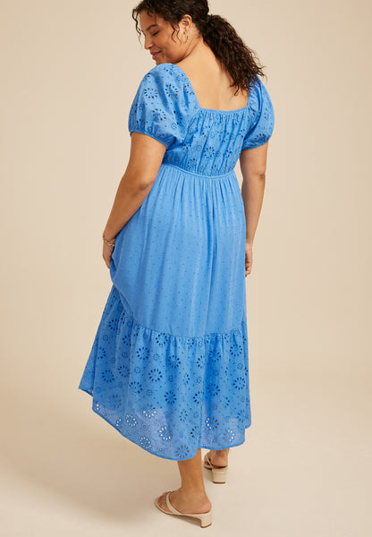 Plus Size Bare Mixed Fabric Puff Sleeve Midi Dress