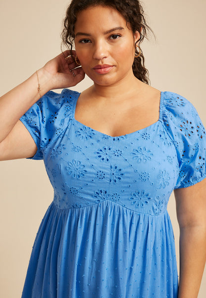 Plus Size Bare Mixed Fabric Puff Sleeve Midi Dress