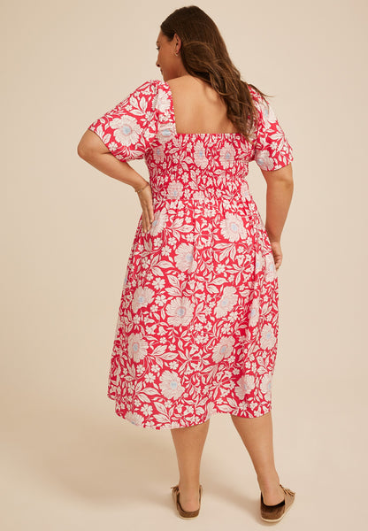 Plus Size Floral Twist Front Flutter Sleeve Midi Dress