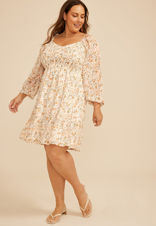 Plus Size Floral Sweetheart Smocked Bodice Babydoll Dress