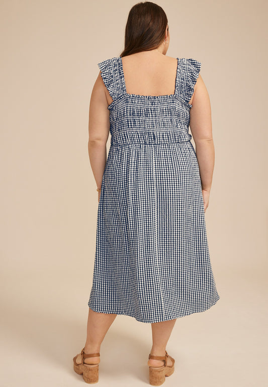 Plus Size Gingham Micro Flutter Sleeve Midi Dress
