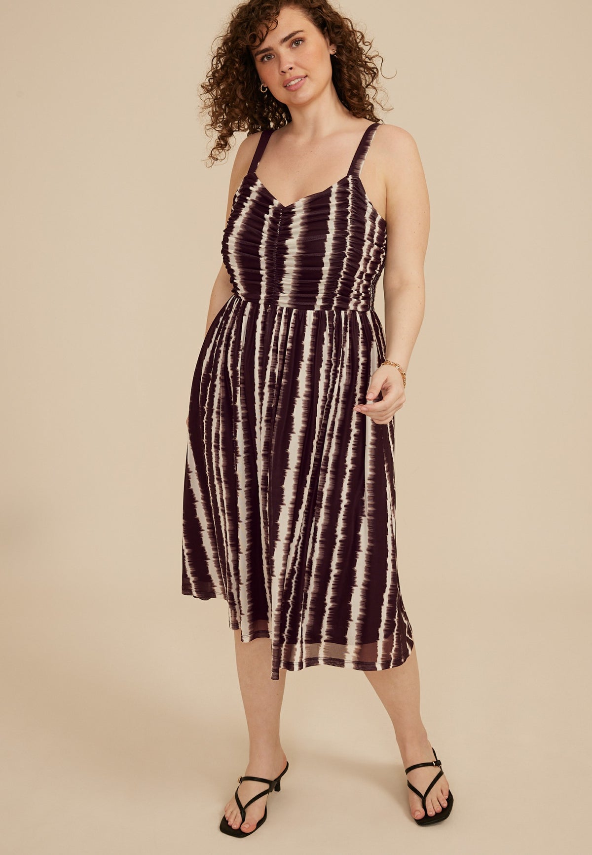 Plus Size Bare Ruched Sweetheart Printed Mesh Midi Dress