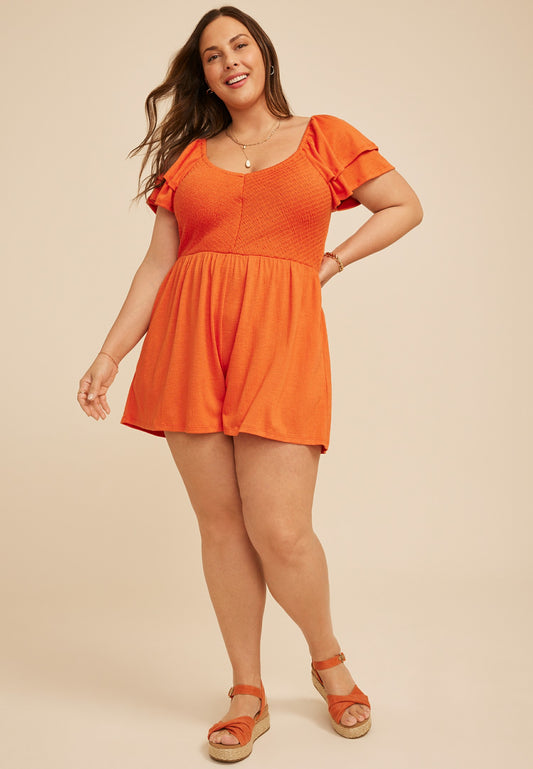 Plus Size Smocked Double Flutter Sleeve Romper