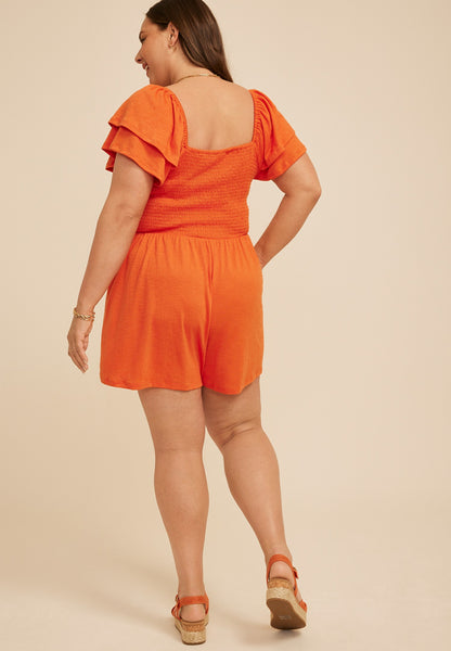 Plus Size Smocked Double Flutter Sleeve Romper