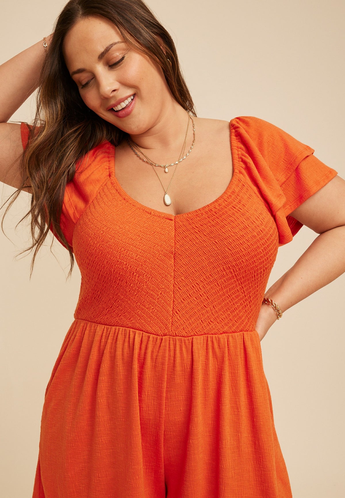 Plus Size Smocked Double Flutter Sleeve Romper