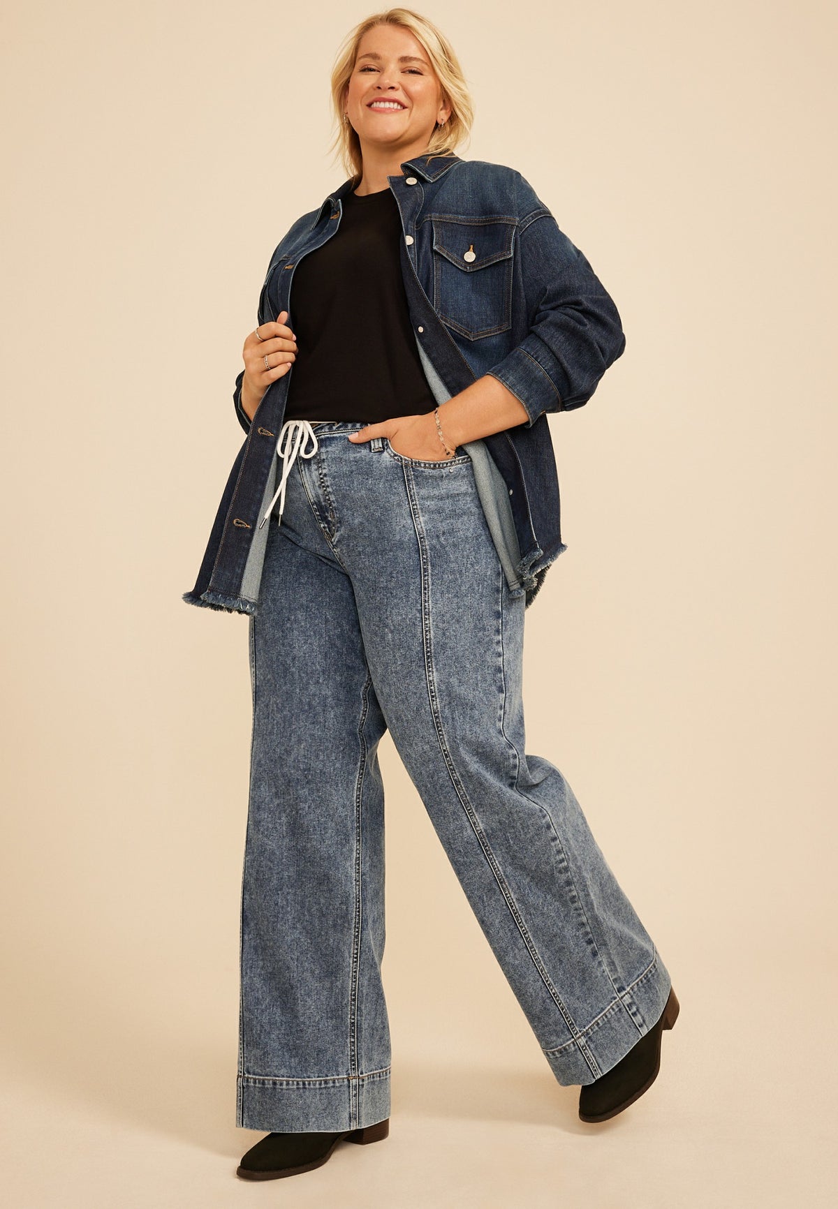 Plus Size High Rise Tie Waist Seamed Front Wide Leg Jean