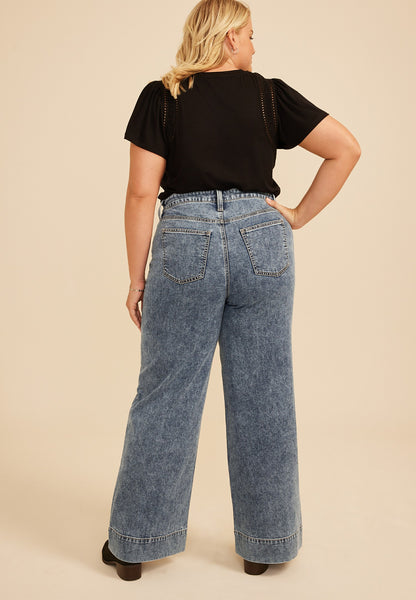Plus Size High Rise Tie Waist Seamed Front Wide Leg Jean