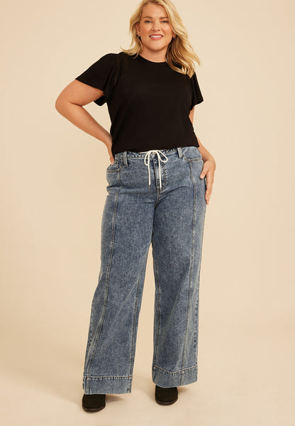 Plus Size High Rise Tie Waist Seamed Front Wide Leg Jean