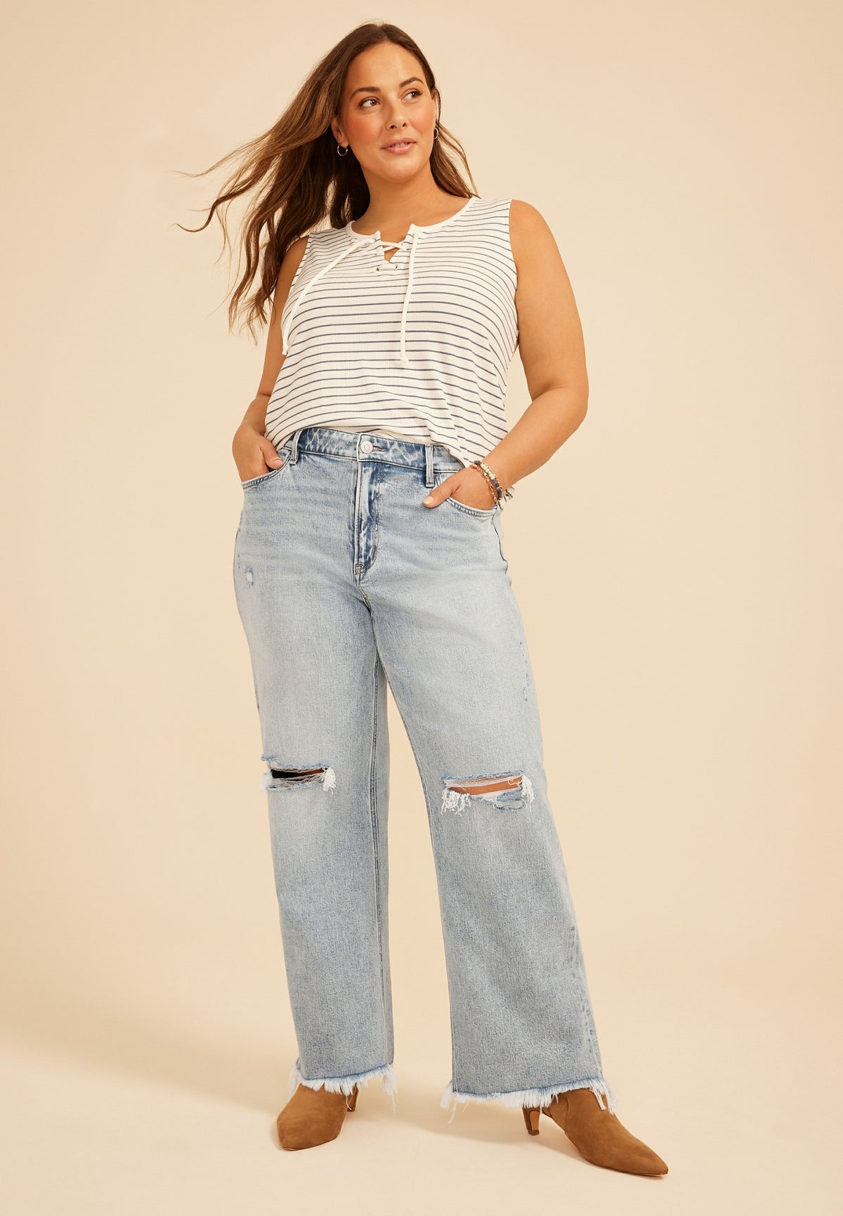 Plus Size Flying Monkey™ Mid Rise Ripped Fray Hem Slim Wide Leg Jean