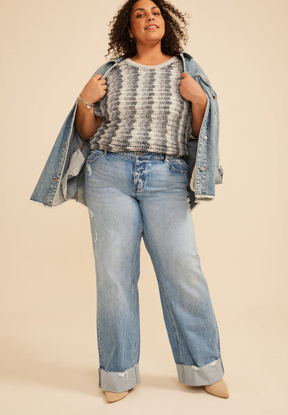 Plus Size KanCan™ Mid Rise Raw Cuffed Hem Wide Leg Jean