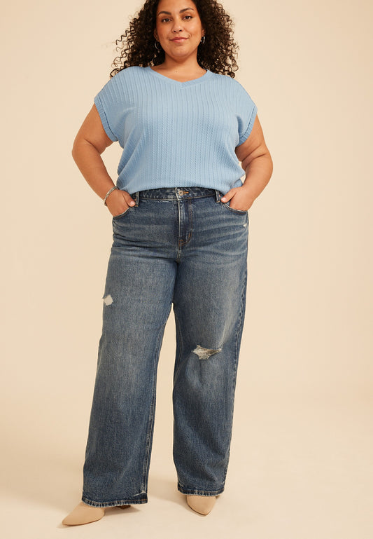 Plus Size edgely™ High Rise Open Ripped Adjustable Waist Wide Leg Jean