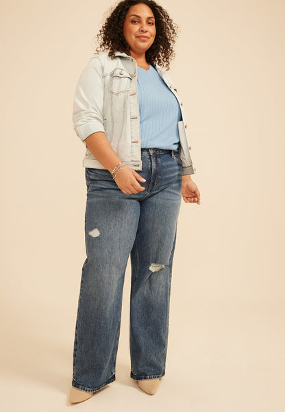 Plus Size edgely™ High Rise Open Ripped Adjustable Waist Wide Leg Jean