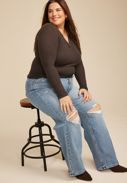 Plus Size edgely™ High Rise Open Ripped Wide Leg Jean
