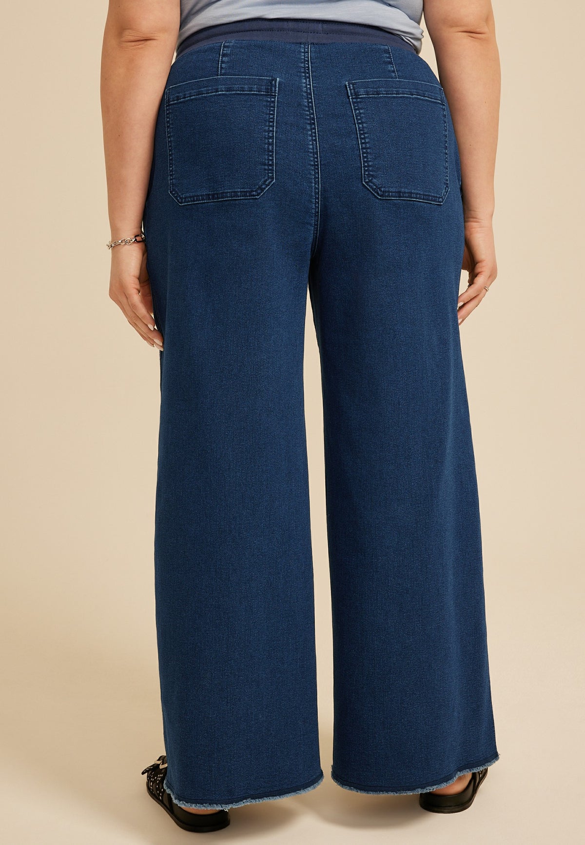 Plus Size Dark Knit Seamed Pull On Wide Leg Jean