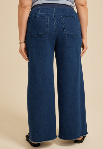 Plus Size Dark Knit Seamed Pull On Wide Leg Jean