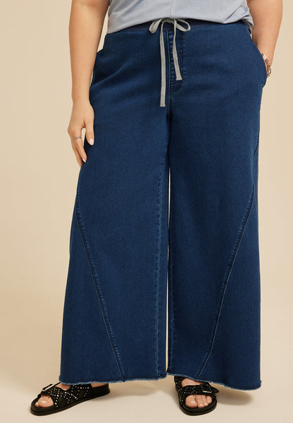 Plus Size Dark Knit Seamed Pull On Wide Leg Jean