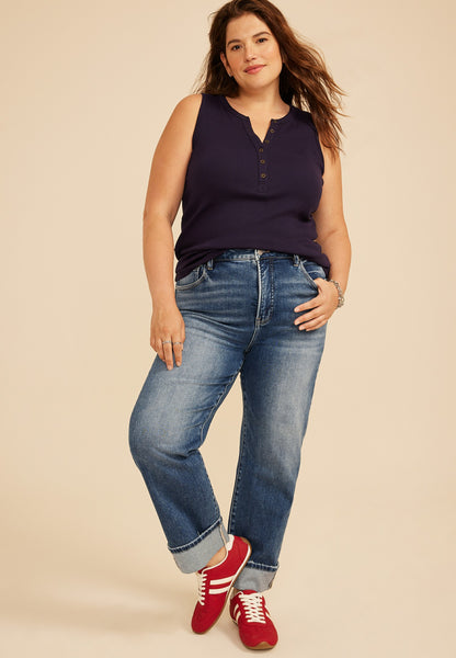 Plus Size Risen Jeans® High Rise Tummy Control Panel Cuffed Hem Straight Jean